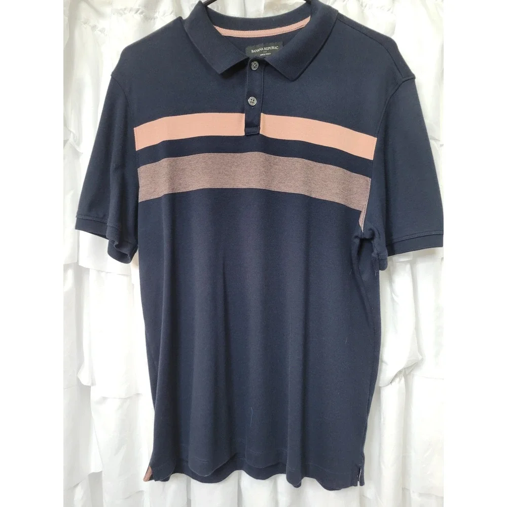 Banana Republic Mens Dress Polo Large Navy Blue Pink Striped Short Sleeve 215
